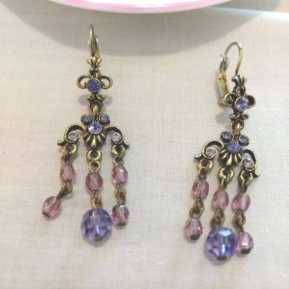 Vintage Dangle Earrings Pink and Violet Rhineston… - image 1