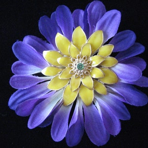 Handmade Vintage Metal Pin on silk flower petals Purple, yellow and green crystal center unique brooch image 1