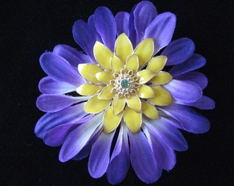 Handmade Vintage Metal Pin on silk flower petals Purple, yellow and green crystal center unique brooch