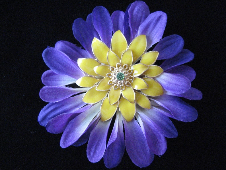 Handmade Vintage Metal Pin on silk flower petals Purple, yellow and green crystal center unique brooch image 1