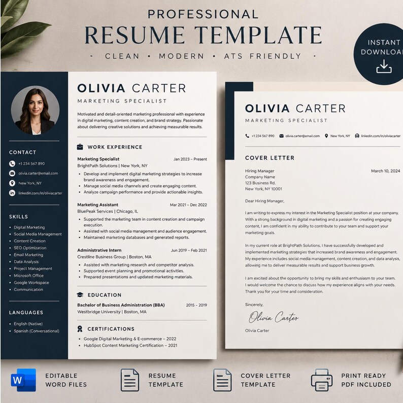 Minimalist Resume Template, Editable and Cover Letter, Professional Job ...