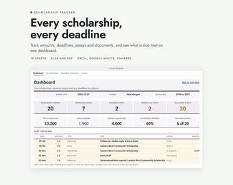 Scholarship Tracker Spreadsheet with Deadline Calendar, Essay Log, Documents Checklist and Printable Planner PDF