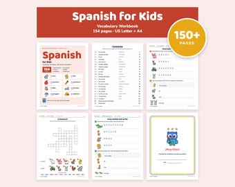 May include: A Spanish for Kids vocabulary workbook featuring 154 pages in US Letter and A4 formats. The workbook includes a contents page, vocabulary lists with illustrations, unscramble exercises, a crossword puzzle, and a certificate.