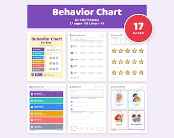 May include: A 17-page printable behavior chart set for kids, featuring US Letter and A4 formats. The collection includes daily behavior charts, token boards with stars, clip charts, goal charts, and award certificates with colorful icons.