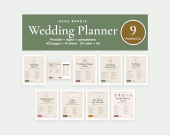 Wedding Planner Mega Bundle, Printable and Digital, Budget Spreadsheet, Seating Chart, Timeline, Table Numbers