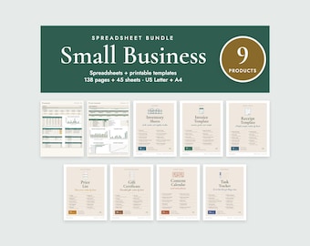 Small Business Spreadsheet Bundle, Bookkeeping, Inventory, Invoice, Receipt, Price List, Content Calendar, Gift Certificate