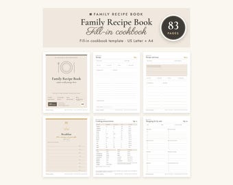 Family Recipe Book Template, Printable Fill-In Cookbook, Blank Custom Pages, Heirloom Keepsake, Kitchen Binder