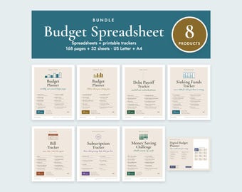May include: A digital budget spreadsheet bundle featuring 8 products, 168 pages, and 32 sheets in US Letter and A4 sizes. The set includes trackers for budgets, debt payoff, sinking funds, bills, subscriptions, money saving, and a digital planner.