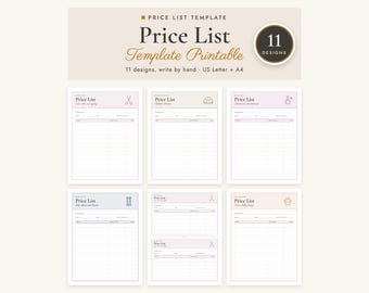 May include: A printable price list template set featuring 11 designs in US Letter and A4 sizes. The documents include headers labeled Price List with various icons like scissors, a nail polish bottle, and a paw print, plus columns for item and price.