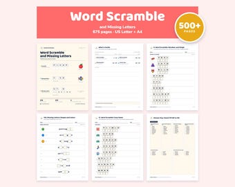 Word Scramble Printable for Kids, Missing Letters, Vowel Fill, 64 Themes, 675 Pages
