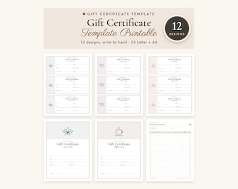 May include: A printable gift certificate template set featuring 12 designs in US Letter and A4 sizes. The collection includes various layouts with minimalist icons, blank lines for recipient details, and a tracking sheet for issued and redeemed certificates.