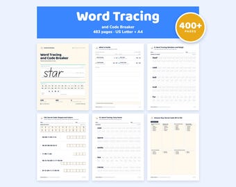 Word Tracing Printable for Kids, Secret Code Puzzles, ABC Order Worksheets, 64 Themes, 483 Pages