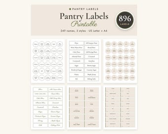 May include: A collection of printable pantry labels featuring 896 total labels across 249 names and 3 styles. The sheets include circular and rectangular designs with text for various kitchen ingredients, baking supplies, and food categories.