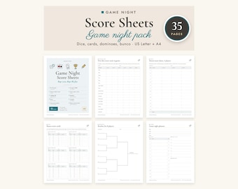May include: A set of 35 printable game night score sheets featuring various templates for dice, cards, dominoes, and bunco. The collection includes a game night planner, tournament brackets for 8 players, and multiple score tracking grids in US Letter and A4 sizes.