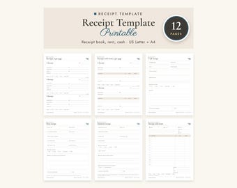 May include: A digital receipt template set featuring 12 pages of printable forms. The header displays the text Receipt Template Printable, Receipt book, rent, cash, US Letter + A4. Six distinct receipt layouts are shown with lines and fields.