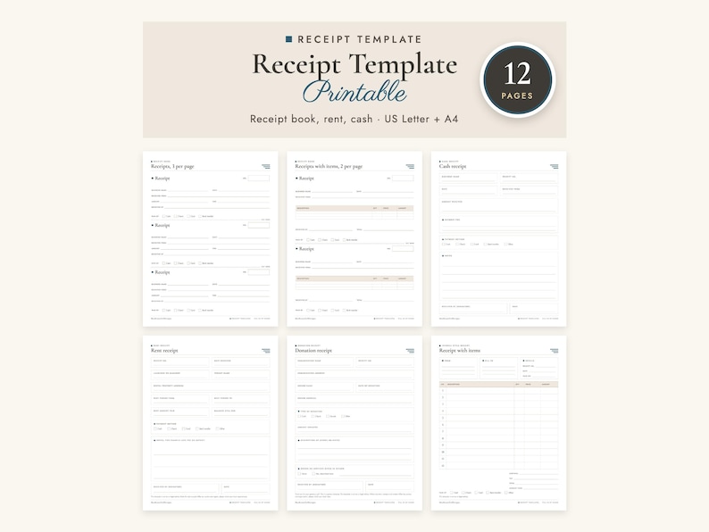 Recency Style Paper Receipt Template Printable, Book Pages, Cash, Rent, Payment, Donation ...