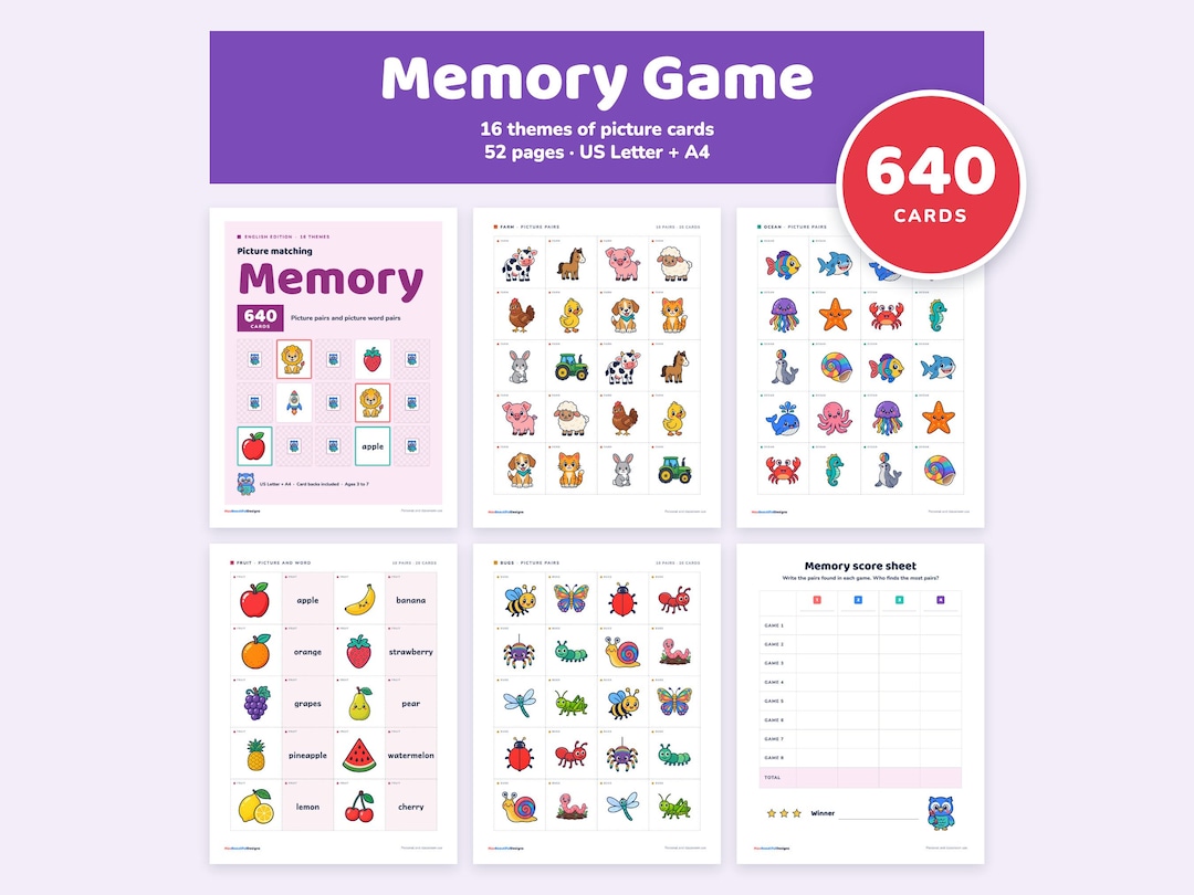 Memory Game Printable, 16 Themes, 640 Picture Cards, Picture Word ...