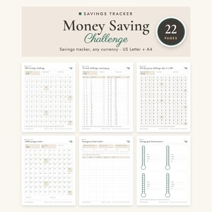 Könnte beinhalten: Ein 22-seitiges Money Saving Challenge Spar-Tracker-Set mit Optionen für US Letter und A4-Papier. Das Dokument enthält verschiedene druckbare Vorlagen wie eine Umschlag-Challenge, eine 52-Wochen-Challenge, eine Penny-Challenge und Sparziel-Thermometer.