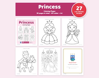 May include: A digital collection of 27 princess coloring pages, totaling 30 pages in US Letter and A4 formats. The set includes black and white line art featuring princesses, a prince on a horse, and a Royal Artist certificate with an owl.