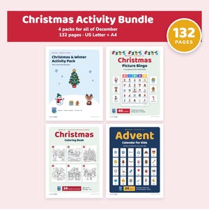 Christmas Activity Bundle for Kids, Advent Calendar, Bingo, Coloring Book, Worksheets, December Printables