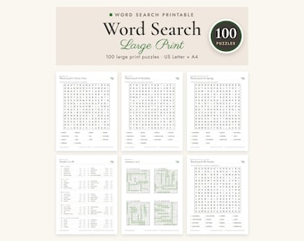 May include: A collection of 100 large print word search puzzles in a printable format. The document includes various puzzle pages with grids of letters and lists of words to find, labeled for US Letter and A4 paper sizes with clear headings.