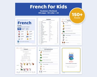 May include: A French for Kids vocabulary workbook featuring 154 pages in US Letter and A4 formats. The digital document includes a contents page, crossword puzzles, unscramble exercises, and a certificate of completion with an owl illustration.