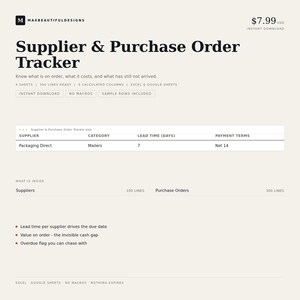 Purchase Order & Supplier Tracker | Stock Order Log, Lead Times and Overdue Alerts | Excel and Google Sheets