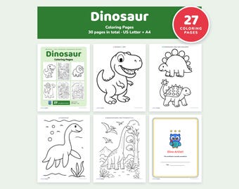 May include: A digital collection of 27 dinosaur coloring pages featuring various prehistoric creatures, including a T-Rex, Stegosaurus, and Ankylosaurus. The set includes a cover page, individual line art sheets, and a Dino Artist award certificate.