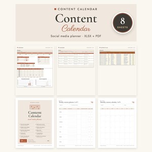 Puede incluir: Un conjunto de planificador de contenido para redes sociales con 8 hojas en formatos XLSX y PDF. El diseño incluye varias plantillas, como planificadores semanales y mensuales, tablas de seguimiento de rendimiento y gráficos.