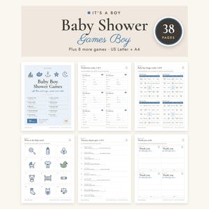 Könnte beinhalten: Eine Sammlung von 38 druckbaren Babyparty-Spielseiten mit blau-weißen Designs. Das Set enthält verschiedene Aktivitätsblätter wie Bingo, Vorhersagekarten und Kinderreim-Quiz, alle formatiert für US Letter und A4 Papiergrößen.