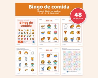 May include: A food-themed bingo game set featuring multiple printable sheets with colorful illustrations of various food items, Spanish text labels, and a red circular badge indicating 48 cards, presented in a grid layout on a light background.