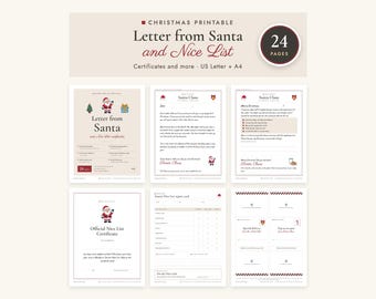 May include: A collection of 24 printable Christmas documents including a Letter from Santa and a Nice List certificate. The pages feature festive graphics of Santa Claus, gifts, and trees with text in English on a light beige background.