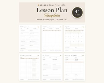 May include: A 44-page lesson plan template set for teachers, featuring US Letter and A4 formats. The document includes daily and weekly lesson plans, a monthly calendar, standards tracker, unit plan overview, and substitute teacher information pages.