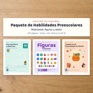 Paquete de Habilidades Preescolares, 127 Páginas, Preescritura, Recordar, Figuras, Colores y Otoño, Motricidad Fina