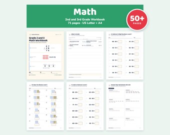 2nd and 3rd Grade Math Worksheets Printable, Addition, Subtraction, Place Value, Fractions, 71 Pages