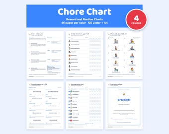 Chore Chart for Kids Printable and Editable, Reward Menu, Morning Routine, Cards, Coupons, 4 Colors