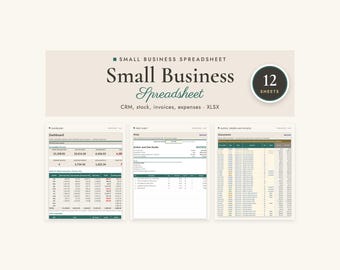 May include: A digital small business spreadsheet template featuring 12 sheets for CRM, stock, invoices, and expenses. The layout includes a dashboard, invoice sheet, and order document tracker with clear data tables and professional formatting.