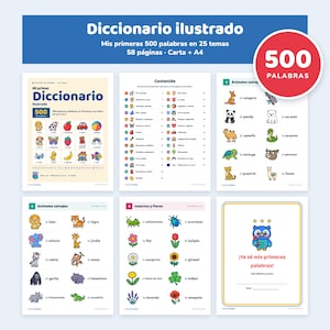 Könnte beinhalten: Ein illustriertes Wörterbuch mit dem Titel Diccionario ilustrado mit 500 Wörtern in 25 Themen auf 58 Seiten. Das Dokument enthält farbenfrohe Symbole von Tieren, Insekten und Blumen mit spanischen Beschriftungen und eine Urkundenseite.