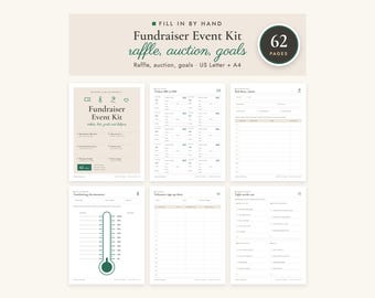 May include: A 62-page fundraiser event kit with printable templates for raffles, auctions, and goals. Includes US Letter and A4 sheets for tickets, bid sheets, volunteer sign-up forms, and a fundraising thermometer graphic in green and beige.