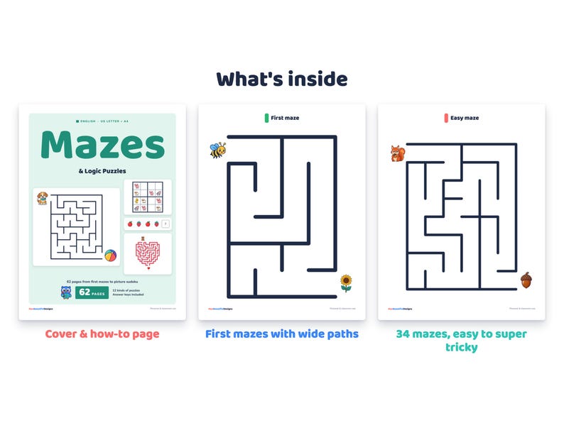 Simple Logic Problems Worksheet Mazes for Kids Printable, 62 Pages Logic Puzzles, Picture Sudoku, Spot ...