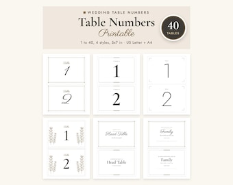 May include: A set of printable wedding table numbers featuring 40 cards in 4 styles. The text includes "Wedding Table Numbers," "Table 1," "Table 2," "Head Table," and "Family." The cards are formatted for 5x7 inch, US Letter, and A4 paper sizes.