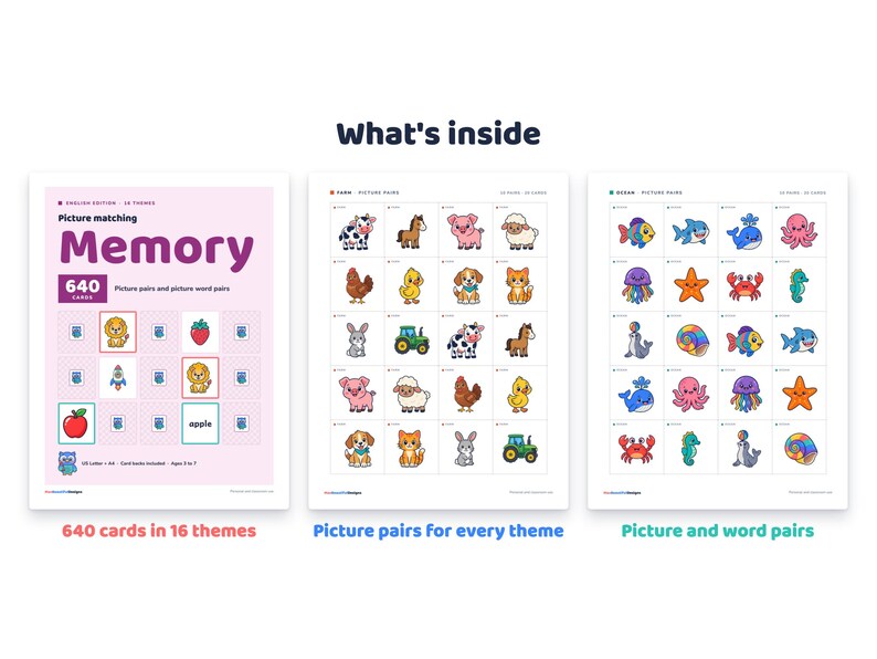Memory Game Printable, 16 Themes, 640 Picture Cards, Picture Word ...