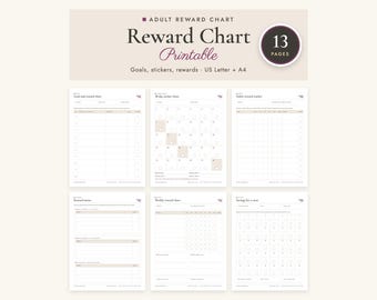 May include: A printable adult reward chart set featuring 13 pages of goals, stickers, and rewards in US Letter and A4 sizes. The document includes various templates like a 30-day sticker chart, habit reward tracker, and savings tracker.
