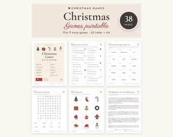 May include: A collection of 38 printable Christmas games on US Letter and A4 paper. The set includes various activity sheets such as word searches, trivia, and picture games featuring holiday icons like trees, gifts, and snowmen.