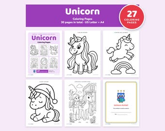 May include: A digital collection of 27 unicorn coloring pages, totaling 30 pages in US Letter and A4 formats. The set includes black and white line art featuring unicorns, a rainbow, a sleeping unicorn, and a certificate for a Unicorn Artist.