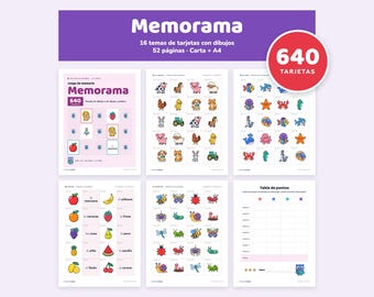 May include: A printable memory game set titled Memorama featuring 640 cards across 52 pages. The sheets display various colorful illustrations of animals, insects, fruits, and vehicles, along with a score sheet and instructional pages.