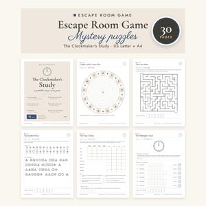 Könnte beinhalten: Ein druckbares Escape-Room-Spiel mit dem Titel The Clockmaker's Study, bestehend aus 30 Seiten voller Rätsel. Das Set enthält eine Chiffrierscheibe, ein Labyrinth, Symboltafeln und uhrenbasierte Logikrätsel auf weißem Papier.
