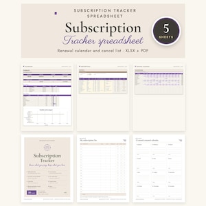 May include: A digital subscription tracker spreadsheet set featuring 5 sheets, including a dashboard, renewal calendar, and cancel list. The layout uses a beige and purple colour scheme with clear headings and tables for tracking monthly expenses and subscription details in XLSX and PDF formats.