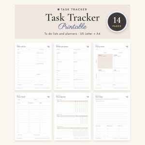Könnte beinhalten: Ein 14-seitiges, druckbares Aufgaben-Tracker-Set mit To-Do-Listen und Planern in den Formaten US Letter und A4. Das Dokument enthält Vorlagen für tägliche To-Do-Listen, wöchentliche Aufgabenplaner, Prioritätenmatrizen, Projektboards, wiederkehrende Aufgaben und Brain-Dump-Seiten.