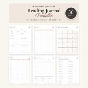 Könnte beinhalten: Ein 36-seitiges, druckbares Lesetagebuch-Set mit Buch-Trackern und Rezensionen in den Formaten US Letter und A4. Die Seiten enthalten eine Buchrezension, ein Leseprotokoll, einen Bücherregal-Tracker, eine TBR-Liste, Lesestatistiken und eine Lese-Challenge.